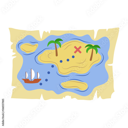 A sea map of pirate treasures in a flat, simple style with schematic islands, a ship sailing to its destination, and palm trees on the sand. Vector illustration