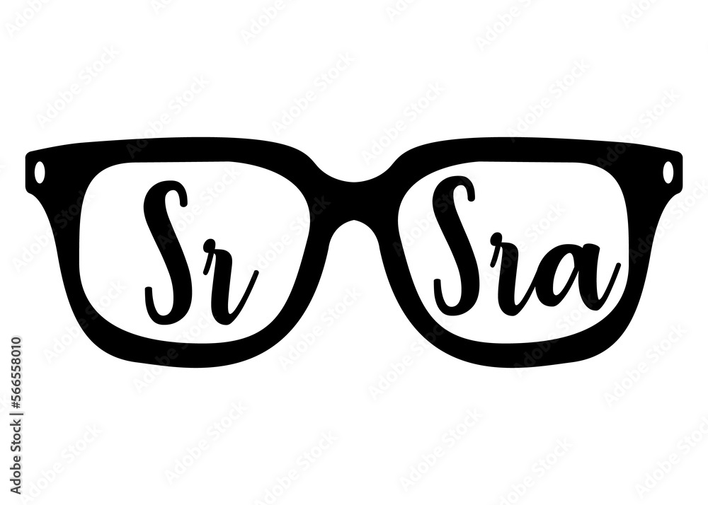 Logo aislado con silueta de gafas de sol con letras de palabra Sr y Sra en español en texto manuscrito para su uso en invitaciones y tarjetas Logo aislado con silueta de gafas de sol con letras de palabra Sr y Sra en español en texto manuscrito para su uso en invitaciones y tarjetas