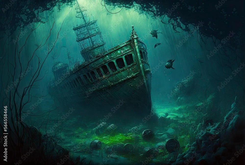 underwater shipwreck in a ship graveyard, with several other shipwrecks visible in the background and the water being dark and murky 2 generative AI - obrazy, fototapety, plakaty 