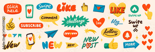 Blog content icons. Blogging or vlogging cartoon icons for social media vector flat illustration.