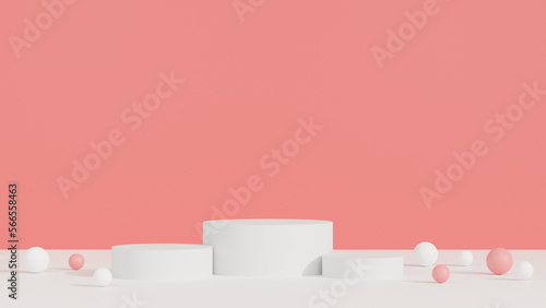 three white podiums on pink backdrop show product 