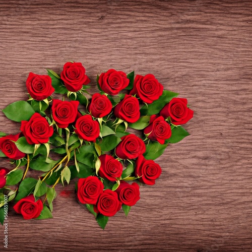 Red roses on wooden background created with Generative AI technology 