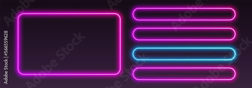 Neon quiz template, UI design for questionnaire with multiple answers. Glowing borders set for tv show contest. Colors are easy to change. Vector illustration.