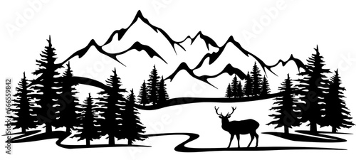 Black silhouette of deer mountains and forest fir trees camping landscape panorama illustration icon vector for logo, isolated on white background