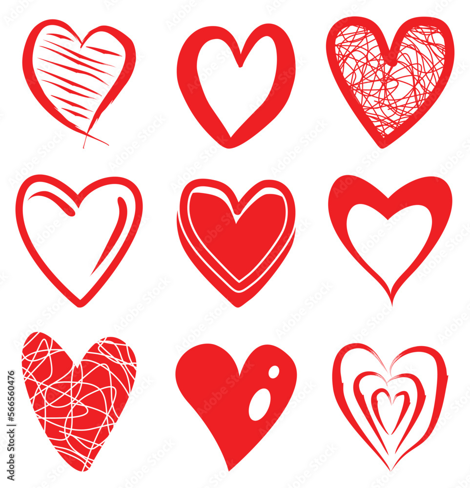 Set of vector drawings of handmade hearts. Heart shapes. Design elements for Valentine's day, wedding.