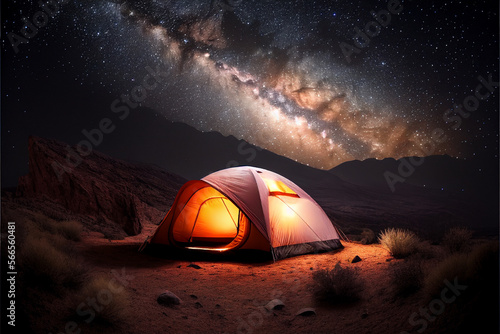 Tourist tent in a picturesque place against the background of the starry sky. AI generated.
