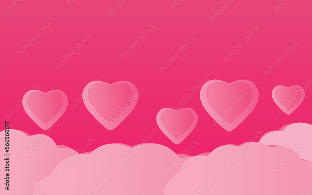 Horizontal banner with pink sky and heart balloon. Place for text. Soft luxury cover holidays background. Happy Valentine's day sale header or voucher template with hearts.