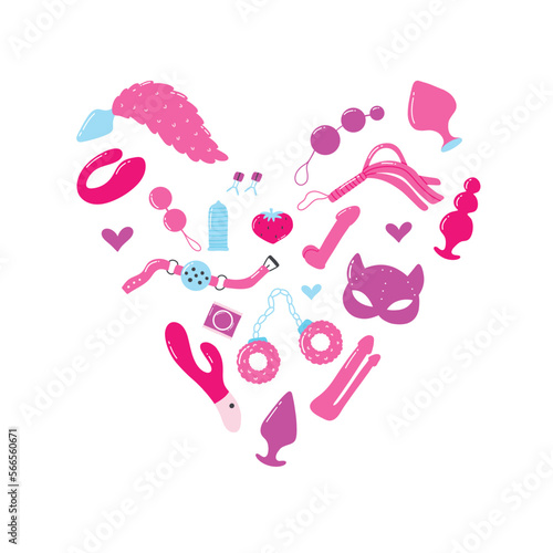 Sex toys. Poster for sex shop. Toys for adults. Heart print for an adult store. Vibrators, vaginal beads, whip, butt plugs. Vector illustration.