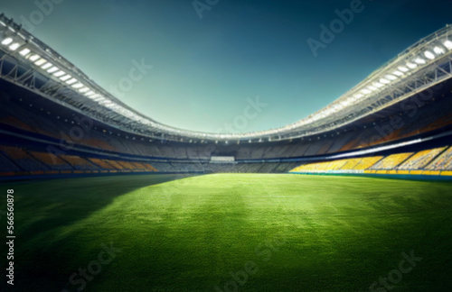 blured large football stadium with blue sky background. © natara