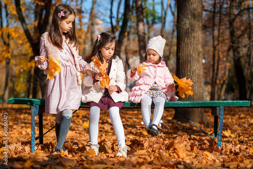 portrait of girls in an autumn city park, children sitting on a bench, talking and enjoying the beautiful nature, talking and playing together, picking yellow leaves