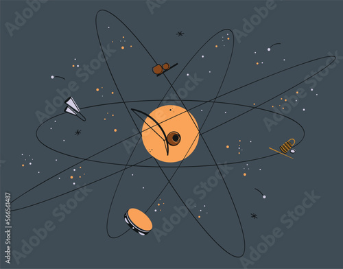 Capoeira universe concept with instruments. Berimbau, agogo, pandeiro circulates around a star in atom shape. Vector illustration.