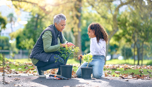 Photos Child, woman and plant for gardening in a park with trees in nature, agriculture or garden