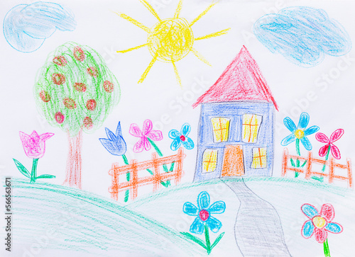 Vector illustration of child drawing of house  with flowers and a tree