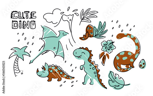 Set of ilustraciones whis cute dinos, eruptios volcanos, exotical plants. Kids print. Vector