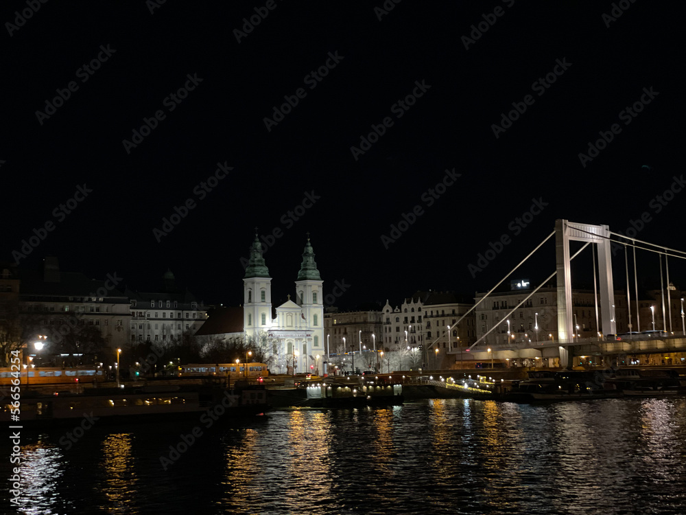 Danube near Budapest at night with lights and reflections