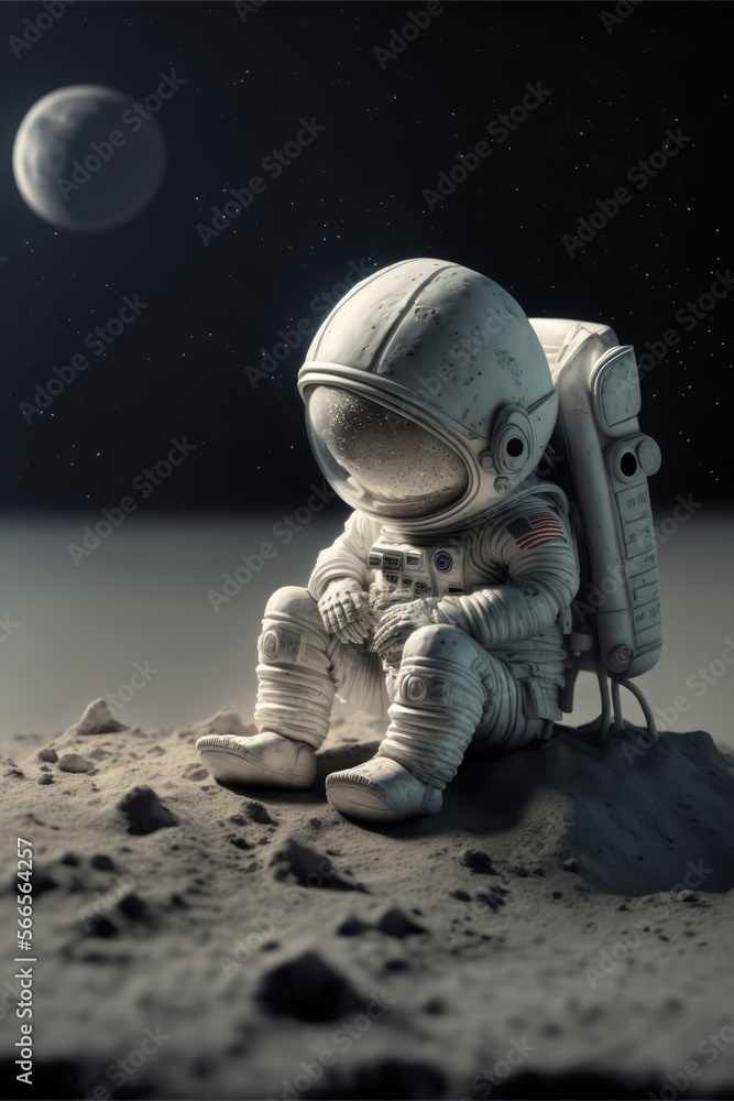 Little astronaut sitting on the moon made with generative ai