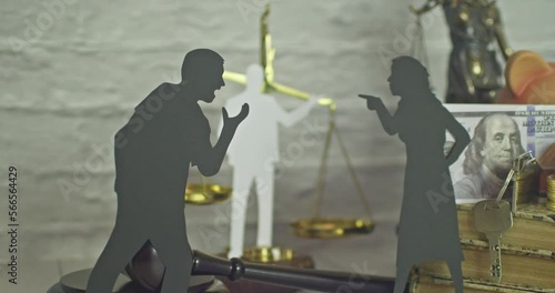 Silhouettes of couples discussing property rights with a mediator. Concept of divorce and discussion.
