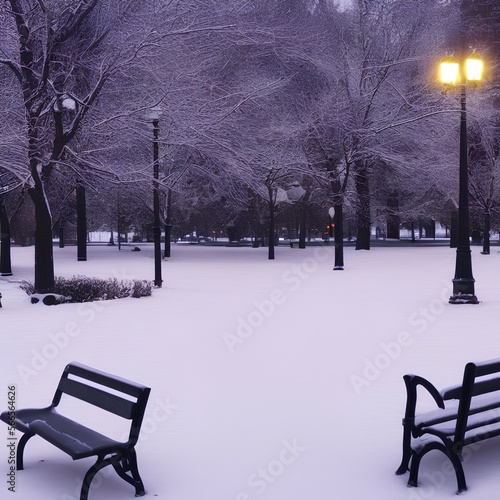 Illuminated city park at night. Bench and lantern close-up. Snow-covered trees after a blizzard. Dark atmospheric winter cityscape. Christmas, vacations, downtown. Panoramic view - generative ai