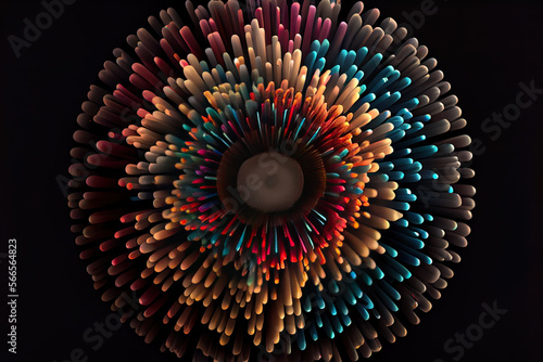 igital Rendering of Increasing fireworks display shapes sorted by color and duration on a black background with knolling along radial polar coordinates