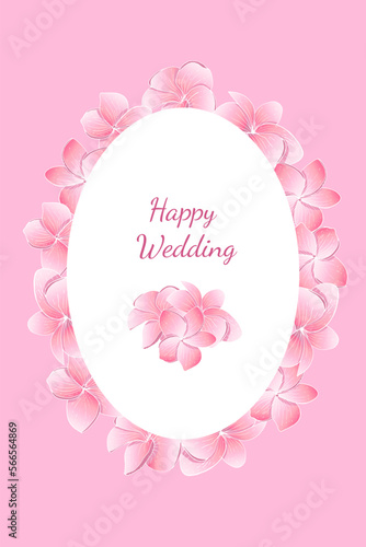 Floral wedding template design. Pink plumeria flowers in wedding design. Romantic postcard. Vector illustration. © Alena