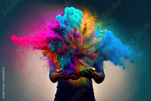People Happy Holi colorful background. Festival of colors, colorful rainbow holi paint color powder explosion isolated white wide panorama background.