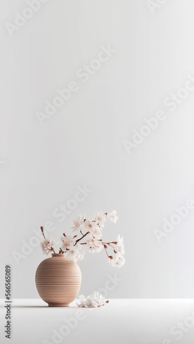 Sakura cherry blossom in wooden vase on table. White Empty wall background. Front view place with copy text space. Generative AI.