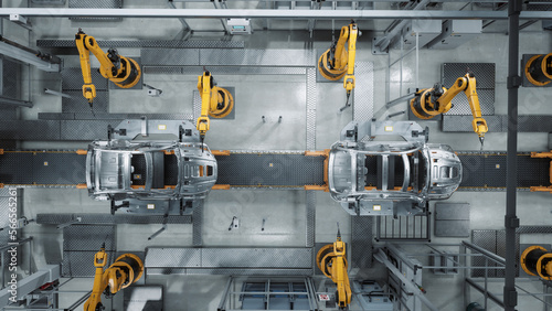 Aerial Car Factory 3D Concept: Automated Robot Arm Assembly Line Manufacturing Advanced High-Tech Green Energy Electric Vehicles. Construction, Building, Welding Industrial Production Conveyor 