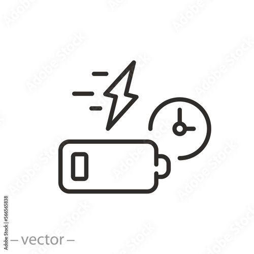 fast battery charging icon, accumulator charge time, thin line symbol on white background - editable stroke vector illustration