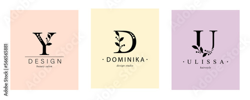 Set Logo of Botanical Minimalistic. capital letter D, Y, U. Letter with Organic Plant Elements.