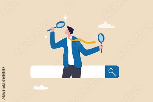 Search, discover or research, SEO, search engine optimization, finding information, new job or explore websites concept, businessman with magnifying glass discover new websites from search box.