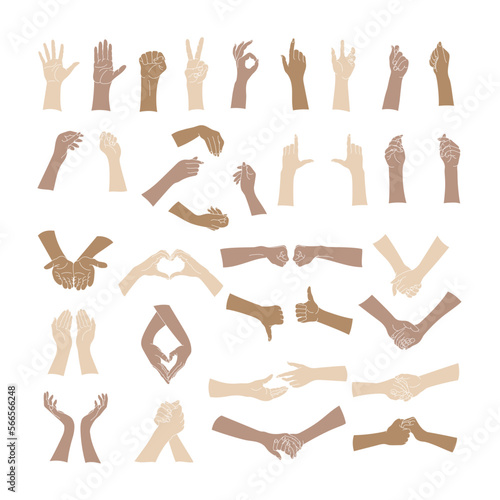 Big set of colored hands, basic gestures. Minimalistic flat style