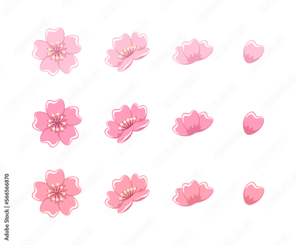 Naklejka premium A set of cherry blossom blooming illustrations