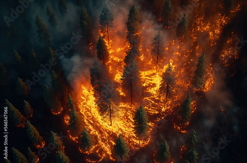 View of a raging forest fire. Generative AI.