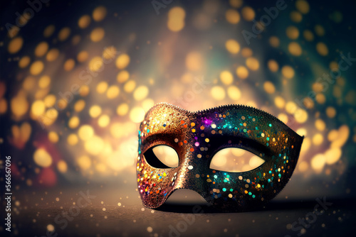 Carnival mask on blurred lights background. Mardi gras. Generative AI © LiliGraphie