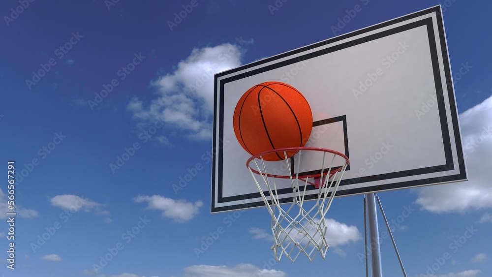 one basketball ball hits the basketball net on the sky background 3D render