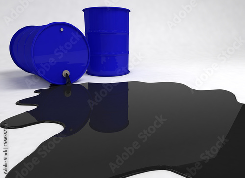 two blue barrels,one overturned and leaked black oil 3D render