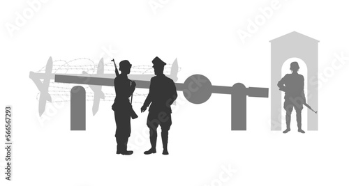 Germanic checkpoint silhouette. WW2 blockpost with soldiers and officer. World War 2 isolated scene. 1940s military panorama