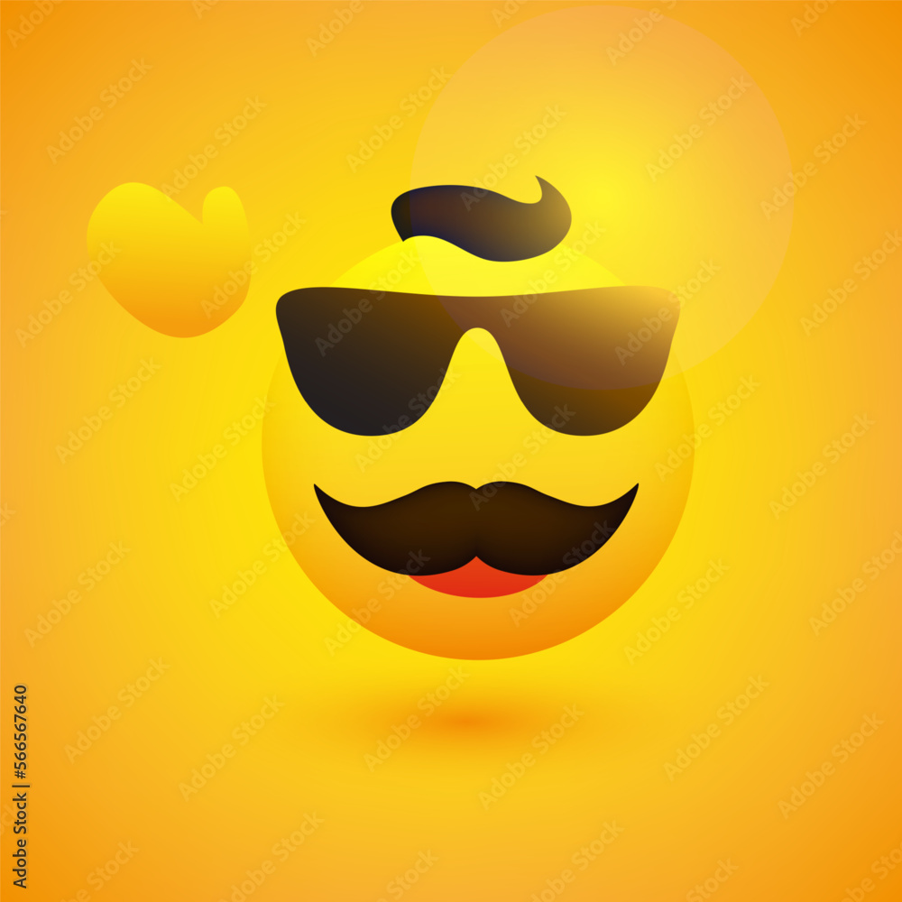 Simple Happy Male Emoticon with Sunglasses, Waving Hand, Hair and Mustache on Yellow Background - Vector Design for Web and Instant Messaging Apps Simple Happy Male Emoticon with Sunglasses, Waving Hand, Hair and Mustache on Yellow Background - Vector Design for Web and Instant Messaging Apps