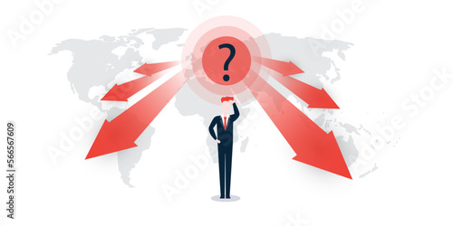 Global Economic Down Fall Due to War, Inflation and Energy Crisis - Design Concept with Uncertain Businessman, World Map, Arrows Showing Slowdown a Steep, Decrease of Profits, Weakening Results