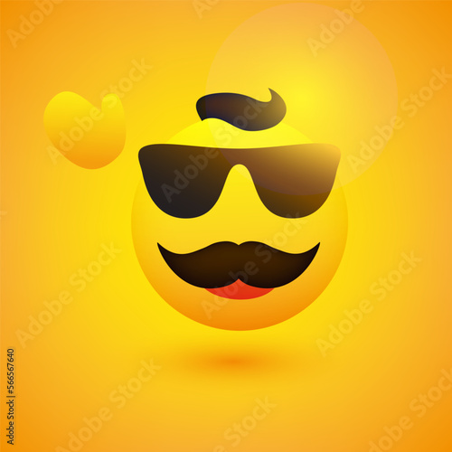 Simple Happy Male Emoticon with Sunglasses, Waving Hand, Hair and Mustache on Yellow Background - Vector Design for Web and Instant Messaging Apps