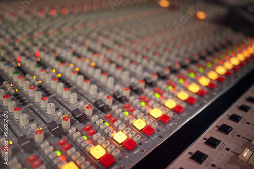Background lights on radio mixer, sound board and production in music industry, broadcast or scales in studio. Electric equipment, electronic media and audio engineering for recording, deck or switch