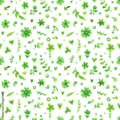 Watercolor green floral pattern. Flowers, hearts, stars, leaves and berries, isolated on a white background. Seamless pattern.