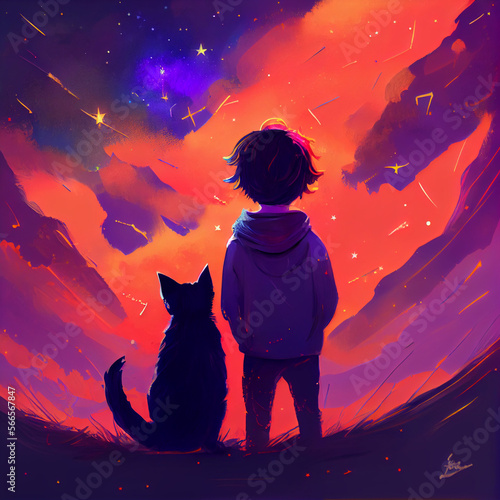 a little boy and a cat are looking at the colorful sky