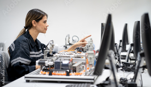 Computer science development engineer working on robotic arm connection and control at electronic futuristic technology center. Modern people training in industry 4.0 automated engineering workshop