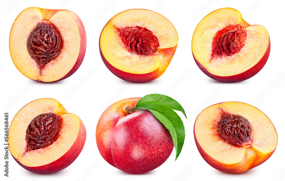Peach collection with leaves isolated on white background. Peach set ...