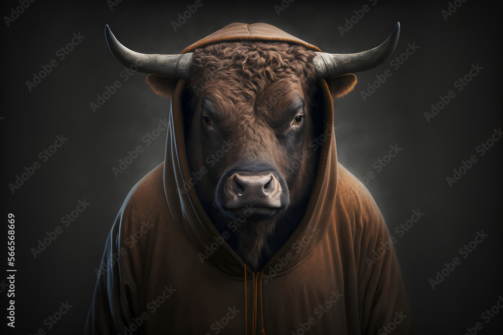 Naklejka premium Bull in a hoodie, generative ai