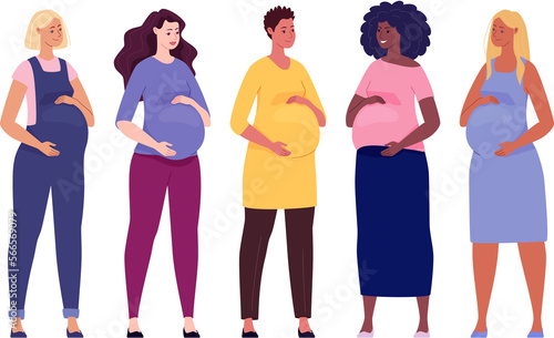 Set of women expecting birth of baby in maternity clothes, dress, pants, jumpsuit. Young beautiful mothers of different nationalities.