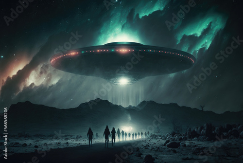 alien  unidentified flying object, ufo flying in the night sky, aurora borealis, generative ai