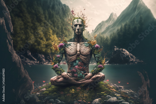 An Illustration of a Skeletal Man Meditating in a Natural Landscape