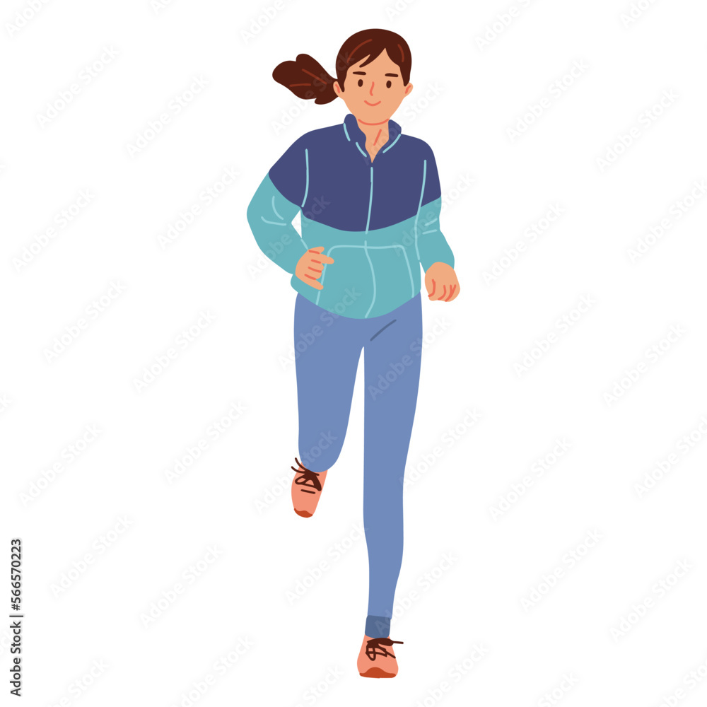vector illustration of a young woman character running in a running jacket and running shoes vector illustration of a young woman character running in a running jacket and running shoes